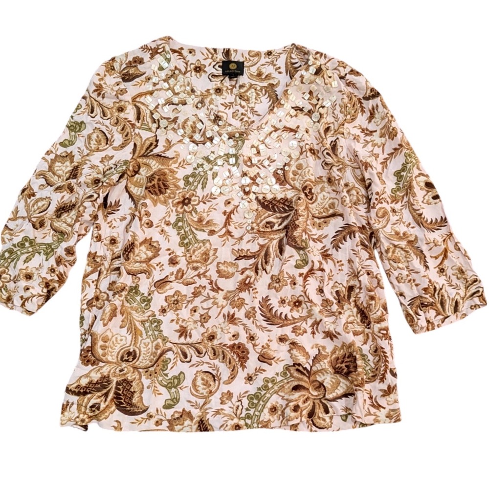JM Collection Light Pink Floral Paisley Shell Button V-Neck Jersey Knit Top Sz L
